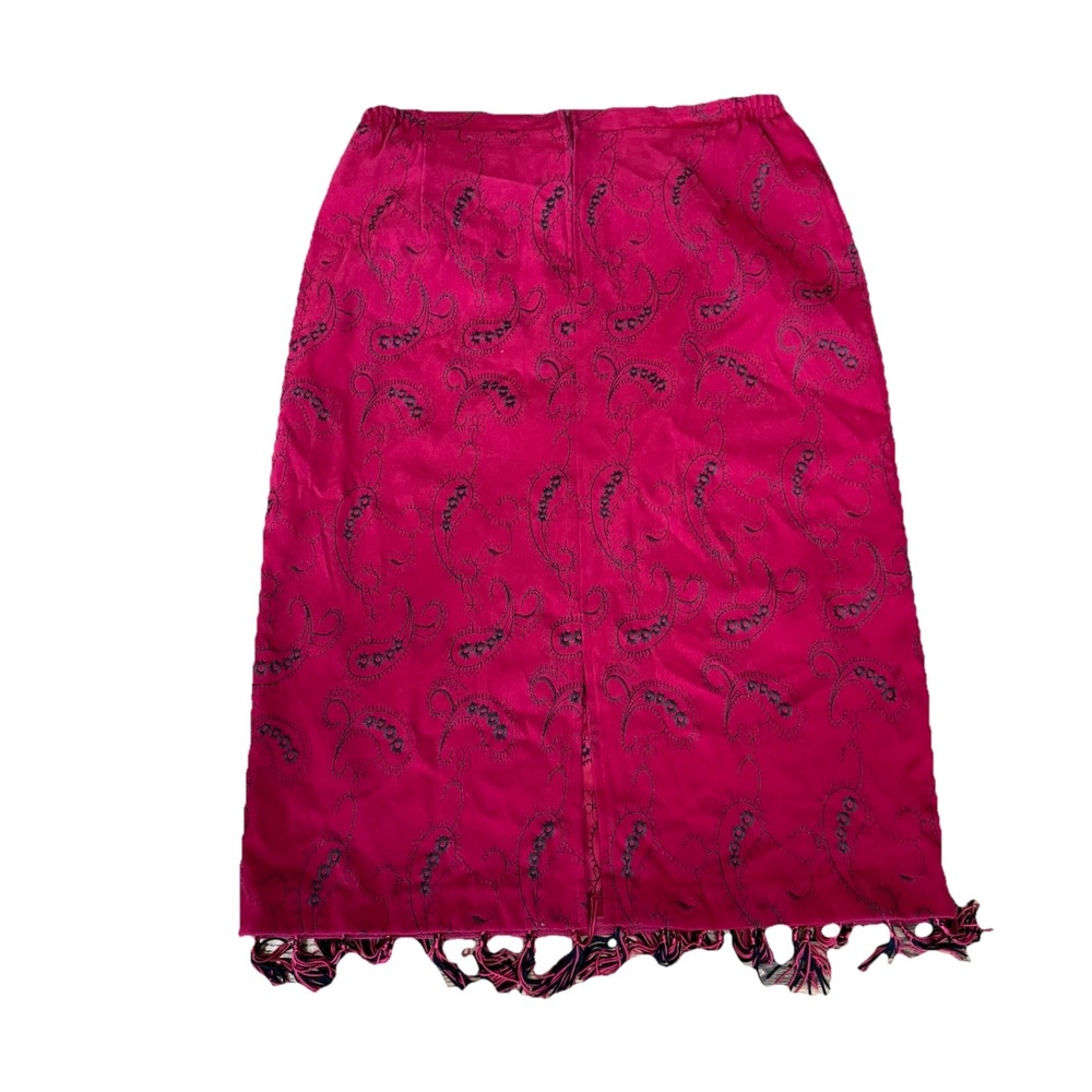 VTG Red Paisley Skirt With‎ Fringe Midi Embroidered Elastic Waist Western Sz 14